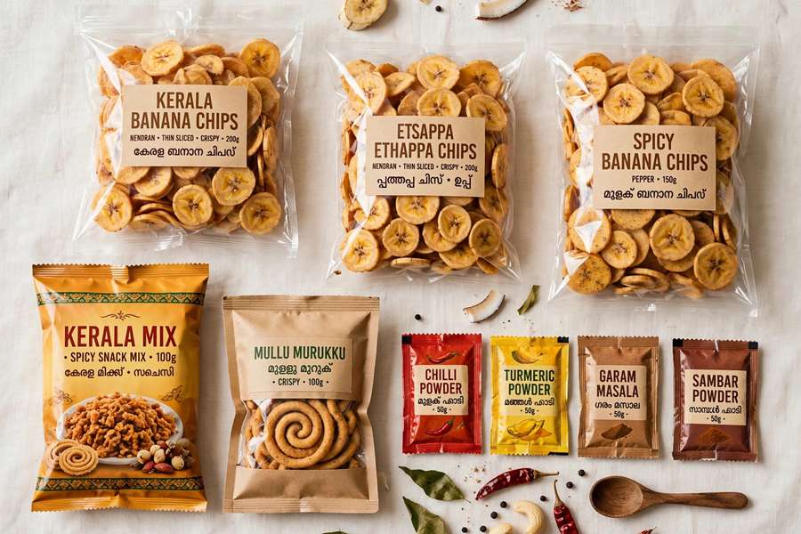 Kerala banana chips, snack mixes and masala packets